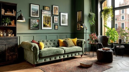 Elegant living room with green walls and velvet sofa showcases interior design