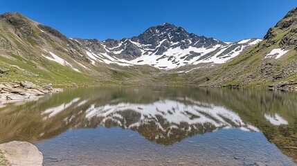 Serene alpine lake reflecting majestic peaks