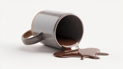 Spilled chocolate from a gray mug on a clean white surface, showcasing a dessert mishap