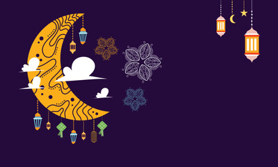 Islamic Moon With Floral Motif And Lanterns