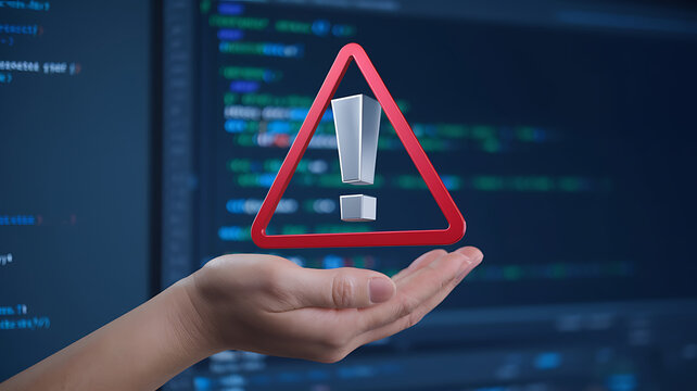 Hand holding a red triangular warning sign with an exclamation point against a blurred code background.