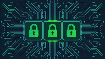 Three green padlocks sit centered on a blue circuit board background representing data security.