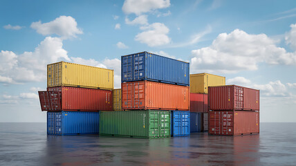 Fototapeta premium Colorful stacked shipping containers against a bright blue sky with fluffy white clouds A modern perspective.