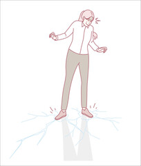 A person appears hesitant while standing on a fragile, cracked surface, conveying anxiety and tension.