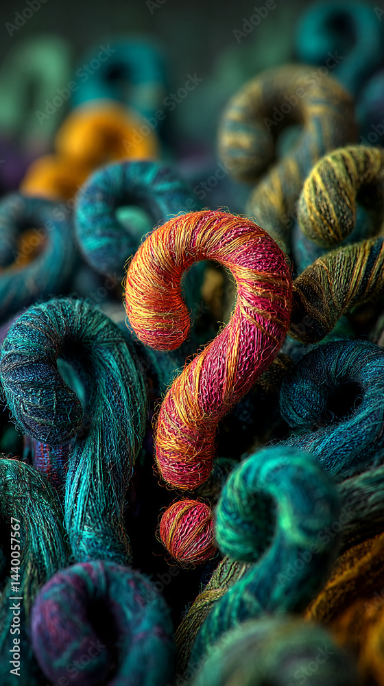 Poster textured question mark formed from colorful yarn, surrounded by swirling yarn strands, suggesting co