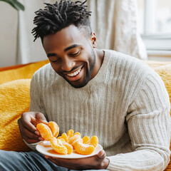 Happy African-American Man Enjoying Fresh Citrus Fruits While Relaxing at Home on a Cozy Afternoon