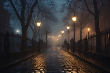Cobblestone street at night, foggy atmosphere, glowing street lamps, golden light, reflective wet pavement, silhouetted trees, iron fence, misty urban scene, moody ambiance, empty pathway, vintage str