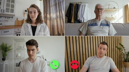 Family members connect through an online call, sharing experiences and thoughts. Each participant showcases their unique location and perspective in this split-screen interaction.