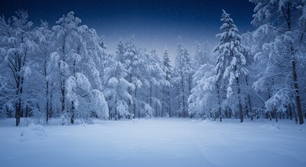 Snow Covered Trees in Winter Forest Under Starry Sky