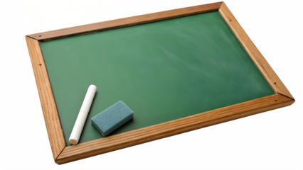 Small Green Chalkboard with Chalk and Eraser Isolated on Transparent Background