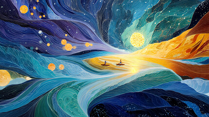 A photorealistic abstract painting blending art and science, featuring glowing dice, galaxies, DNA spirals, and musical waves. Hyperdetailed, harmonious, and mystically balanced.