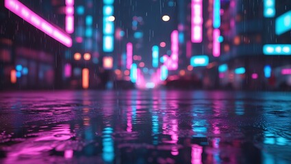 Fototapeta premium Cyberpunk city street, neon lights, reflective wet pavement, rainy night, vibrant pink and blue hues, blurred background, low angle view, urban landscape, glowing signs, atmospheric, cinematic, high c