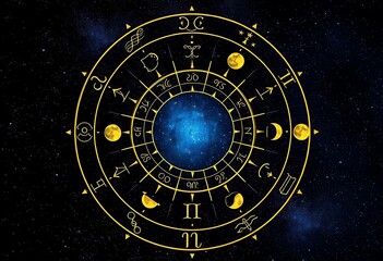 Celestial horoscope circle with zodiac signs, stars, and moons against a dark, cosmic backdrop,  astrology chart, pattern