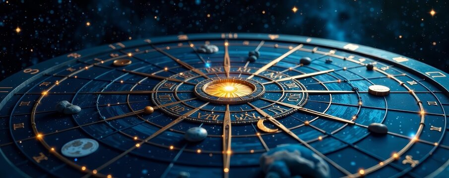 Celestial zodiac wheel with intricate star and moon design against dark sky background, universe, moon, night sky