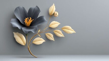 Luxurious Black Gold Flowers: A Striking Flower with Leaves on a Gray Background That Takes Your Breath Away in Its Magnificence and Elegance