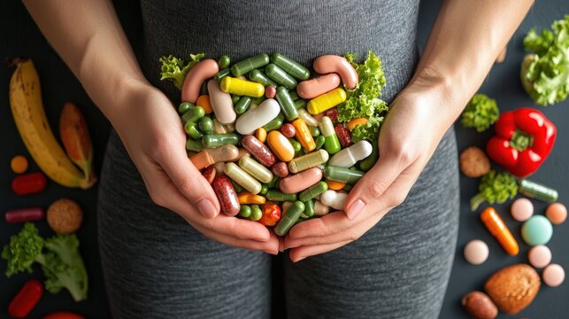 A woman taking care of her gut health with healthy foods and supplements