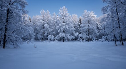 Fototapeta premium Snowy Forest Landscape with Clear Blue Sky in Winter Season