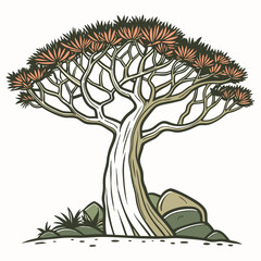 A captivating vector illustration of the Socotra Dragon Tree (Dracaena cinnabari), showcasing its unique umbrella-shaped canopy and vibrant crimson resin.​