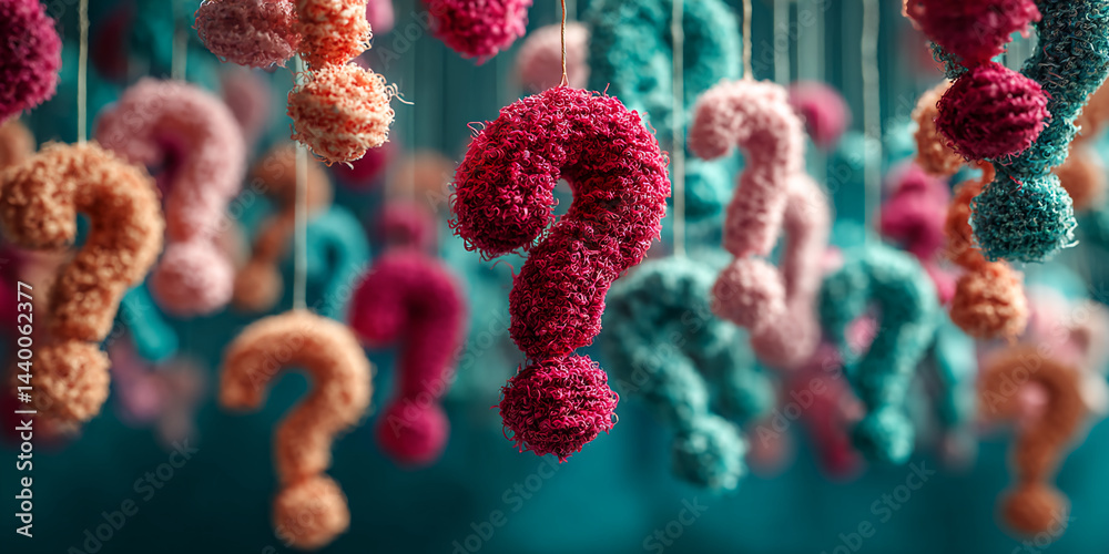 Poster fuzzy question marks in pink, teal, and maroon hang against a teal backdrop, suggesting curiosity an