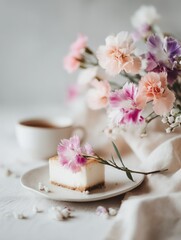 Elegant Cheesecake Slice with a Pink Carnation, Coffee Cup, and Soft Floral Background, Delicate Dessert Still Life