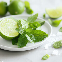 Fresh Lime and Mint Leaves Beautifully Arranged on a White Plate for a Refreshing Culinary Experience
