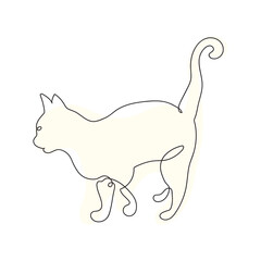 Cat with Curled Tail in Continuous One Line Drawing Style. Creative Outline Cat Icon Set. Cat Minimalist Contour Art with a Splash of Color isolated on white background