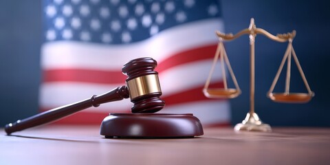 Gavel and Scales of Justice with U.S. Flag, Symbolizing Law and Order