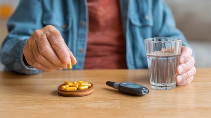 Turmeric and diabetes. An elderly person taking medication with a glass of water on a wooden table.