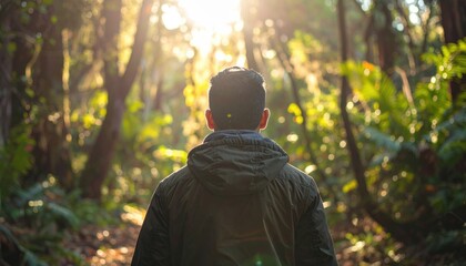 Fototapeta premium Person Contemplating In Sunlit Lush Woods