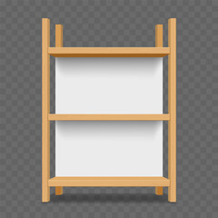 Blank empty wooden trade stands shop racks. Storefronts shelves isolated on transparent background. Vector mockup