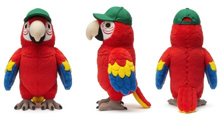 Fototapeta premium Plush scarlet macaw stands with vibrant colors and a green cap ready for playtime adventures