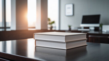 Two white hardcover books neatly stacked on a dark wooden desk in an office setting.