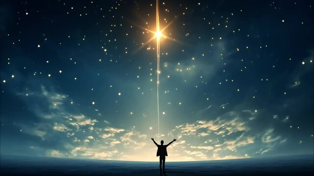 Silhouette of a man with bright north star and starry skies.