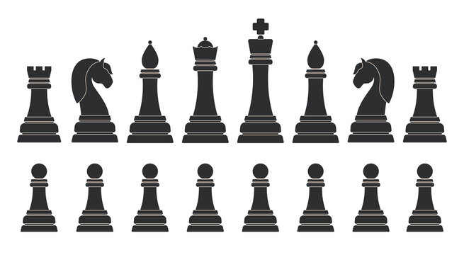 Black Chess pieces. Chess figures set: King, Queen, rook, knight, Bishop, pawn. Game for logic and intellect. Flat vector illustration isolated on white background