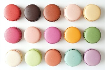 Obraz premium Colorful assorted French macarons neatly arranged in pastel tones for sweet elegant dessert presentation