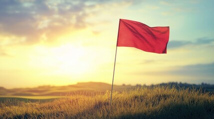 A golf flag on a sunny course with a blurred landscape in the background