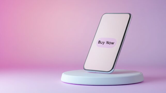 Modern smartphone screen floating against a glowing neon gradient background, highlighted "Buy Now" button