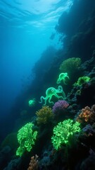 Obraz premium Glowing Octopus and Coral Reef Underwater