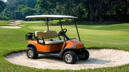 A golf cart on a sunny day, parked near a sand trap on the course