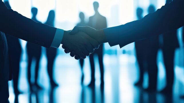 Business handshake symbolizing partnership and collaboration in a professional setting with blurred silhouettes