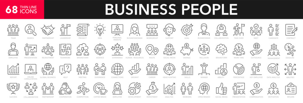 Business people line icons set. Businessman outline icons collection. Teamwork, human resources, meeting, partnership, meeting, work group, success, resume - stock vector.