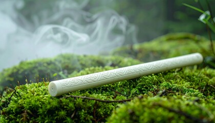 Pristine Runed Ivory Cane resting atop soft green moss in a clearing, faint enchanted mist weaving around intricate runework
