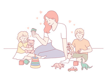 A loving mother joyfully plays with her kids, fostering creativity and deep bonding in a heartfelt scene