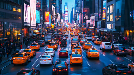 Obraz premium A Bustling City Street During Rush Hour with Cars and Lights