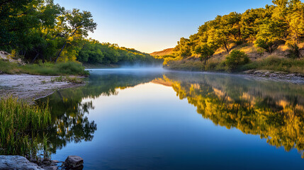 Naklejka premium A Calm River Reflecting the Soft Glow of the Early Morning