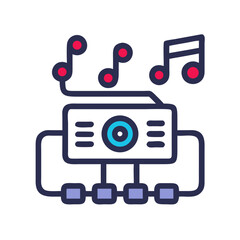 Synth Machine with Musical Notes: A Vector Illustration on Black Background