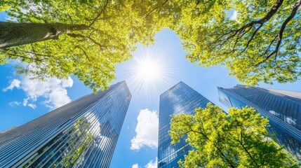 Sunlight shines brightly over modern skyscrapers framed by lush green trees in a cityscape