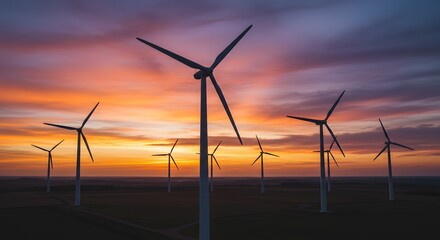 Fototapeta premium Majestic Wind Turbines at Sunset Harnessing Clean Energy, Sustainable Power Generation, Renewable Resources, Environmental Conservation