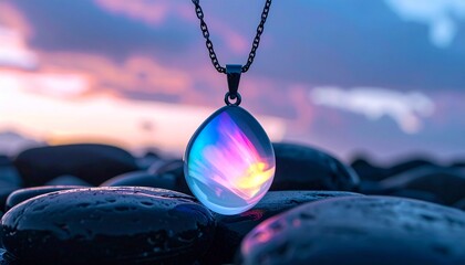 Aurora Glass Pendant resting atop smooth black river stones, glowing with soft pastel hues beneath a cloudy twilight sky