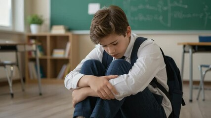 Sad schoolboy hugging knees and rocking gently in classroom

